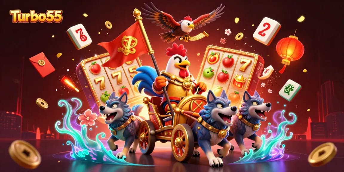 Turbo55 features a dynamic scene with a rooster warlord and game symbols signifying thrilling casino action.