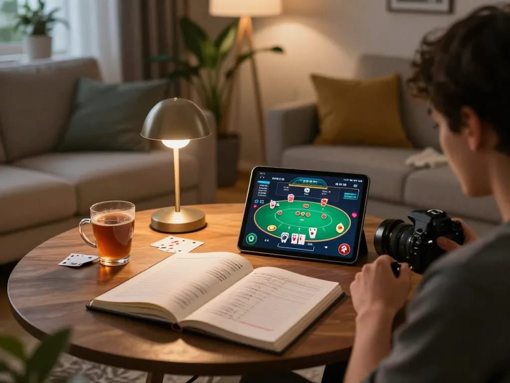 Engaging in strategic online poker play on uu88 as player studies betting strategies in a cozy setting.