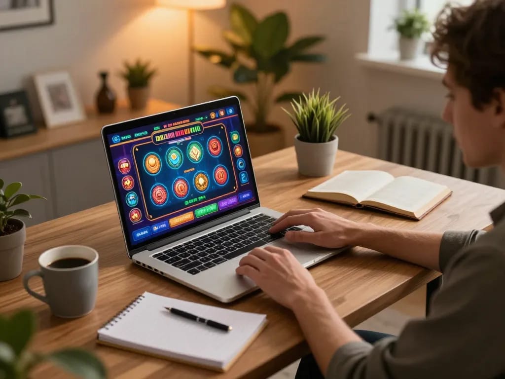 Engaged player enjoying JUARA88 online gaming experience with vibrant display and strategic notes.