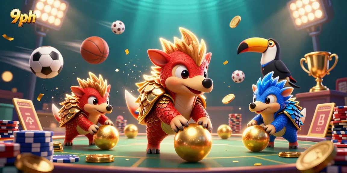 Experience thrilling gameplay with 9ph as rival pangolins roll coins and chips in a vibrant casino setting.