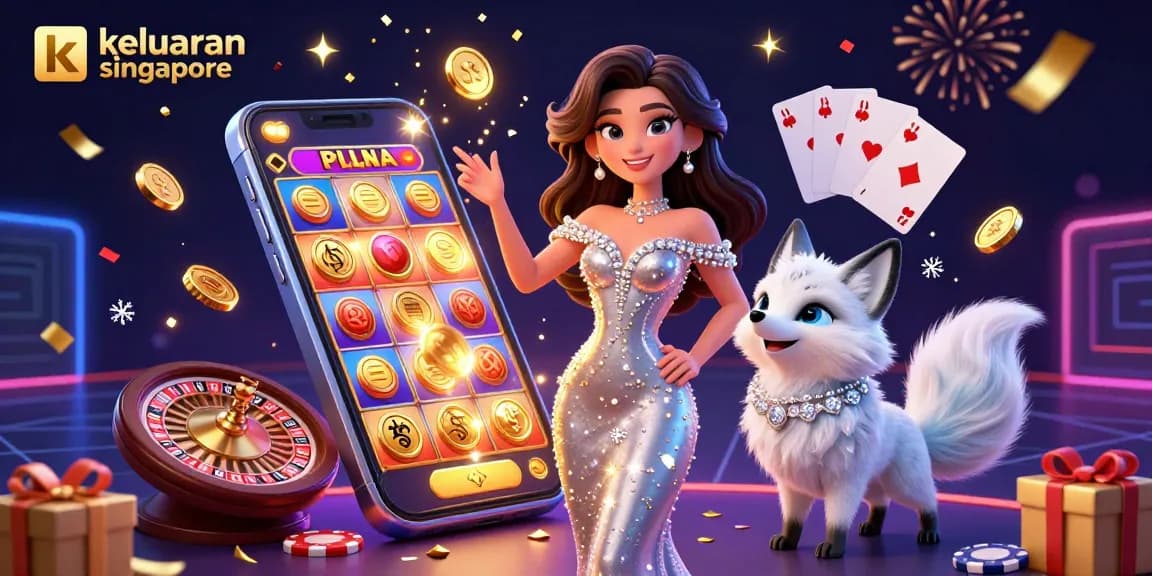 Keluaran Singapore displays dazzling slot games and vibrant casino elements in a festive 3D setting.