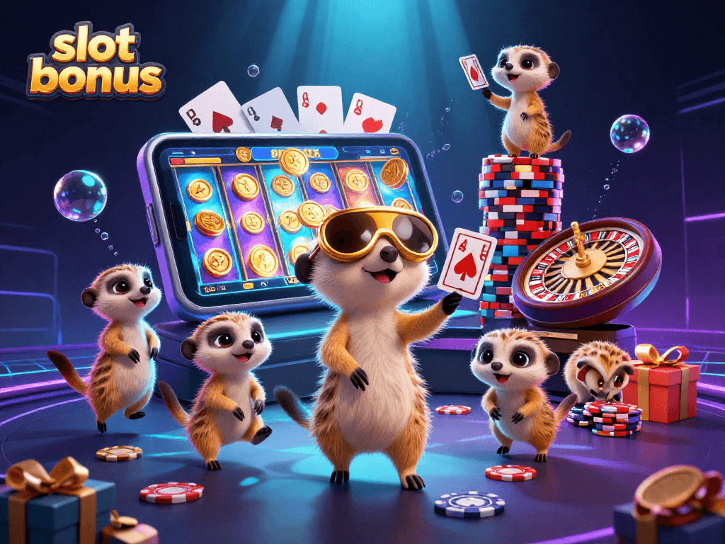 Experience thrilling slot bonuses with animated meerkats in a vibrant casino scene.
