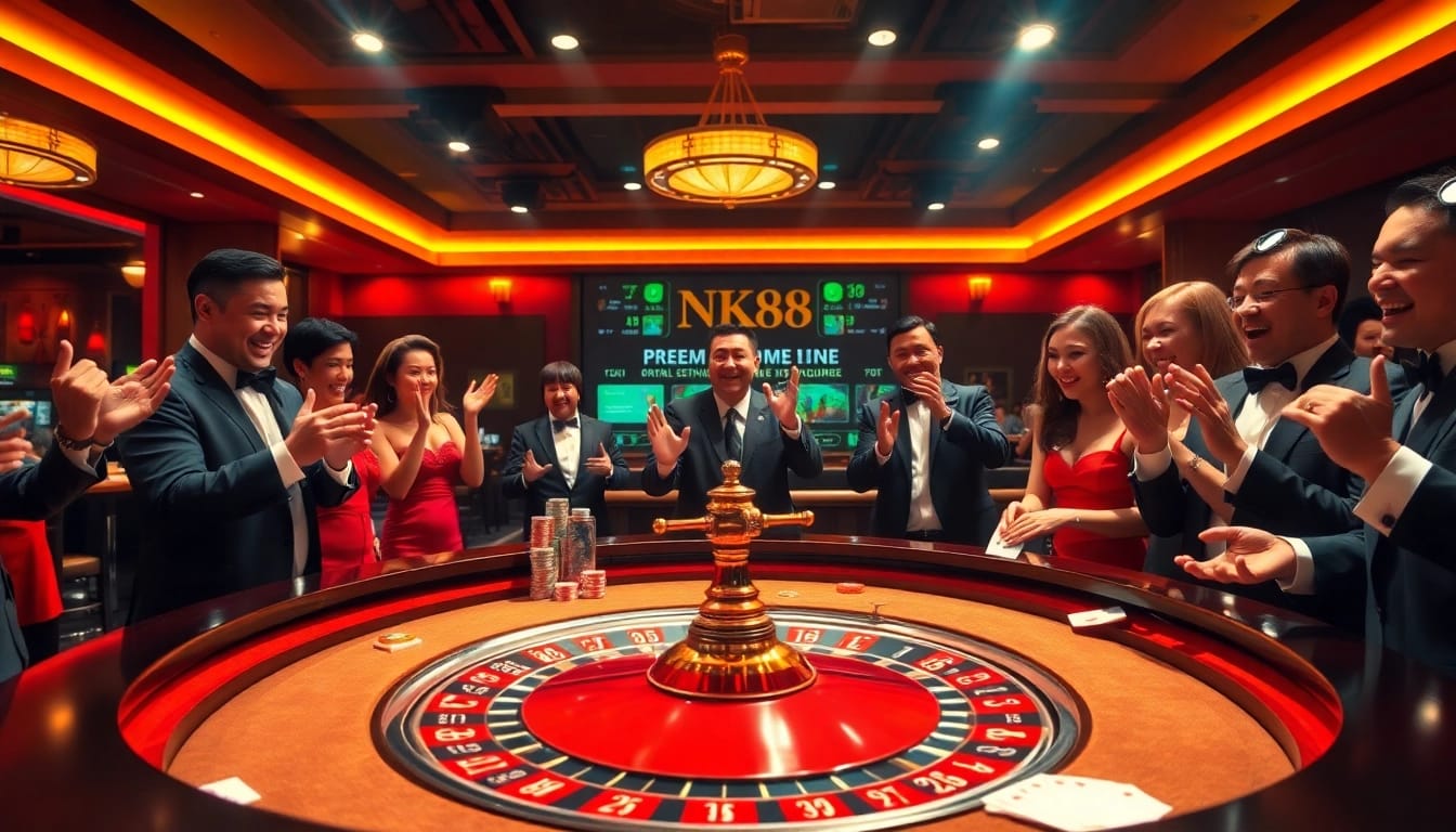 Players enjoy thrilling games at NK88 casino with vibrant tables and colorful chips.