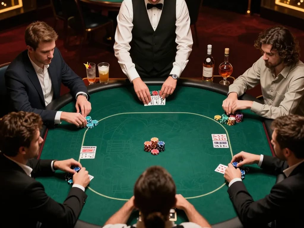Engaged players enjoy a high-stakes poker game at KJC casino under soft ambient lighting and elegant decor.
