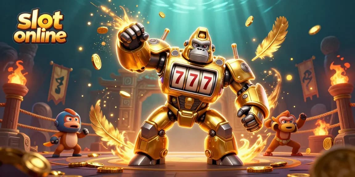Engage in thrilling slot online gameplay with a giant golden gorilla mech and dynamic casino elements.