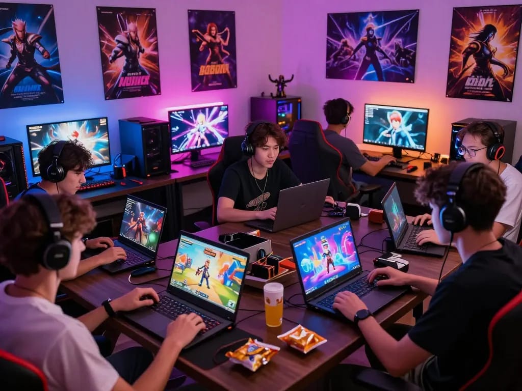 Group of gamers enjoying popular porn games in a lively setting