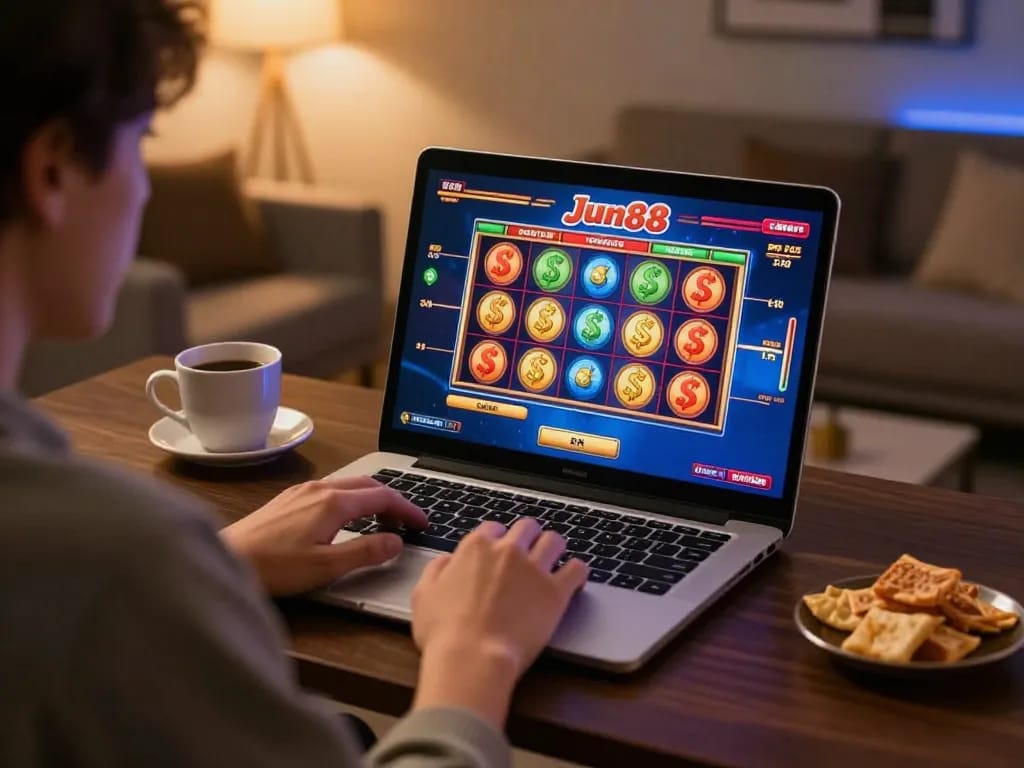 Player enjoying Jun88 casino games on a laptop in a cozy home gaming setup