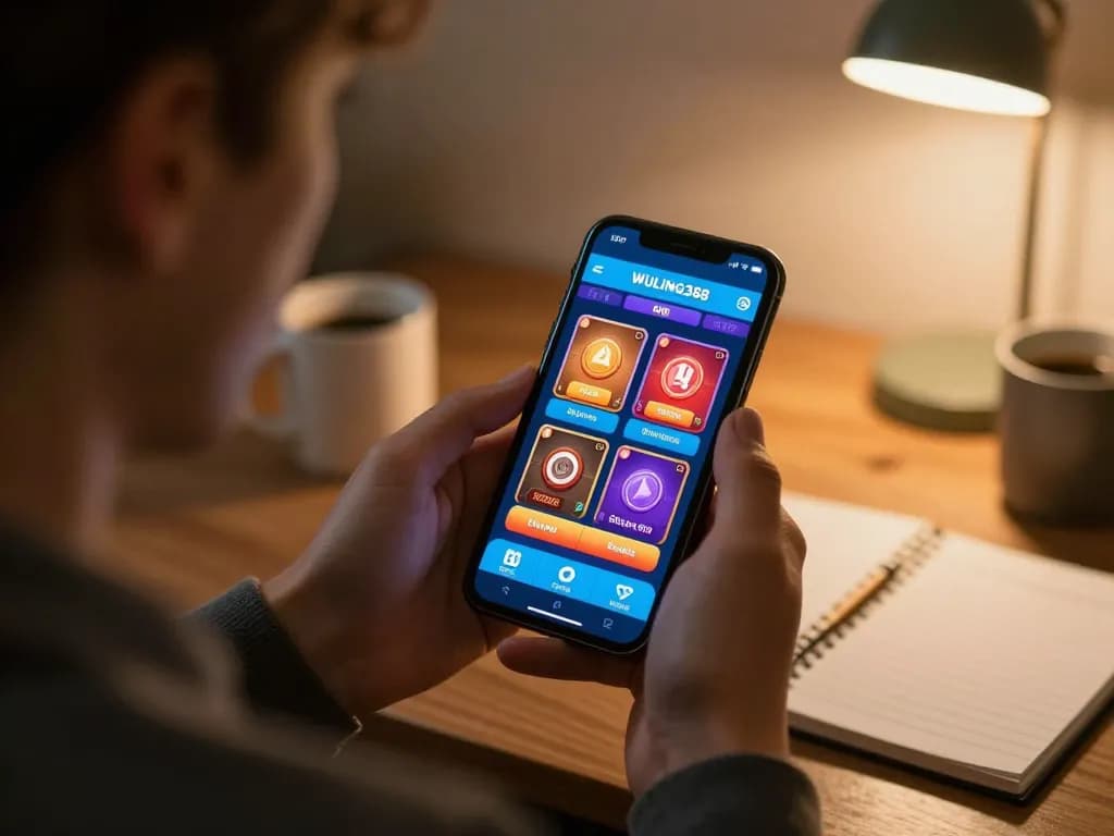 Pengguna WULING388 memasang taruhan di smartphone, menampilkan opsi permainan online di lingkungan yang nyaman.