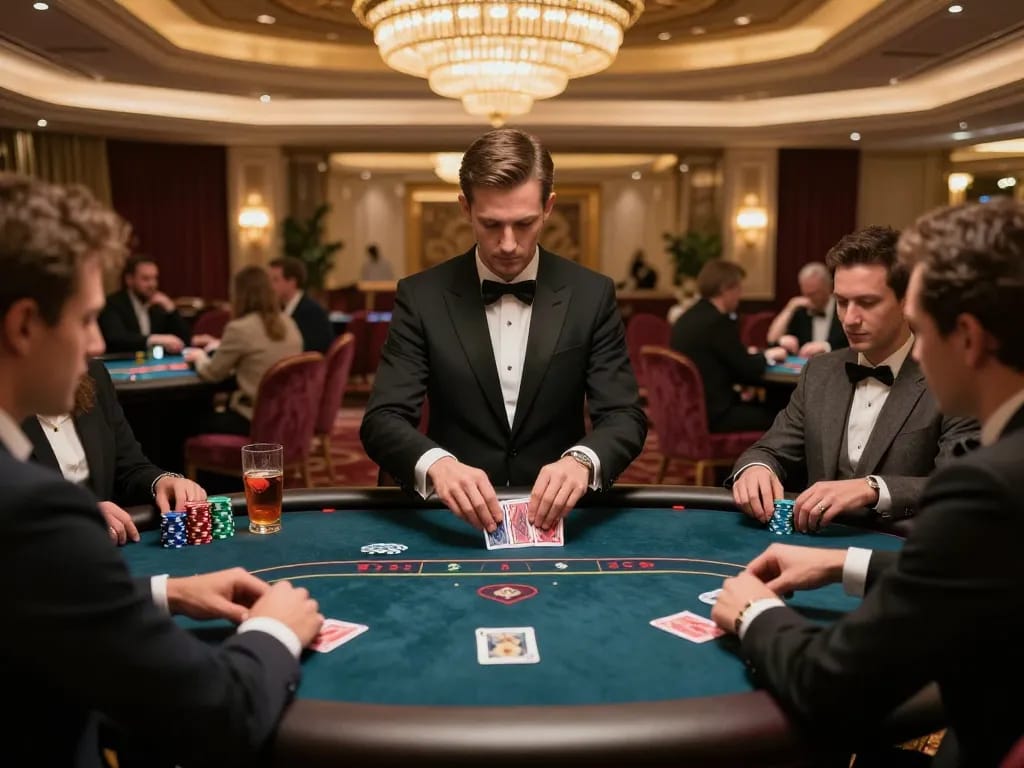 KJC high-roller poker game scene with professional dealer shuffling cards, luxury casino atmosphere.