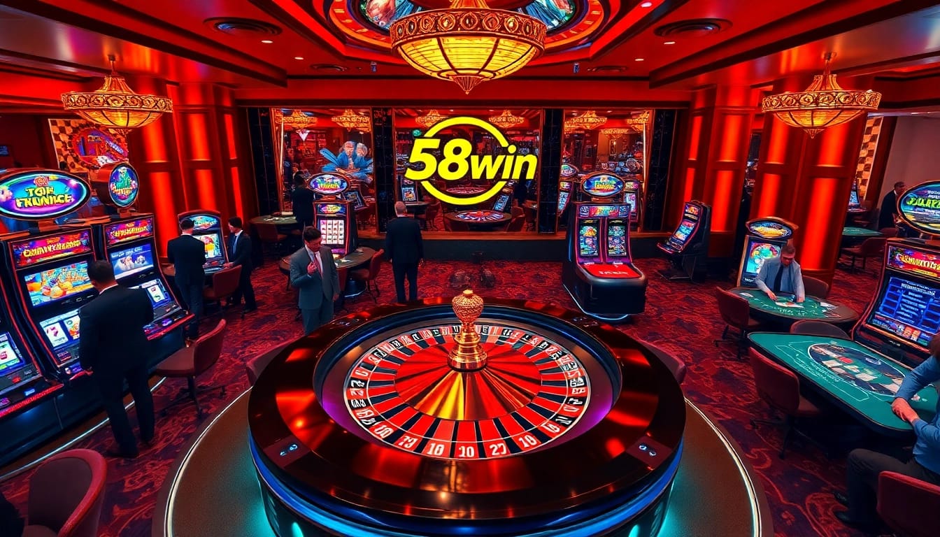 Players enjoying thrilling games at 58win's luxurious casino, showcasing roulette and poker.