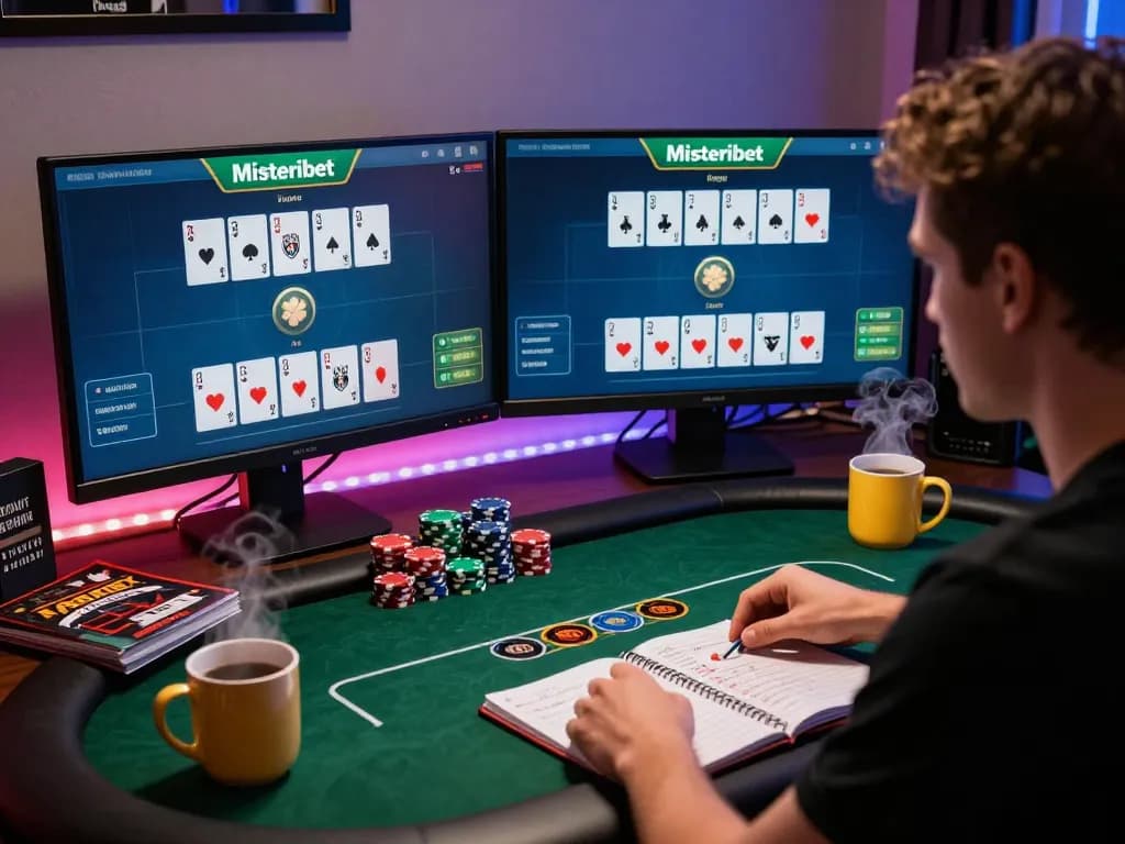 Misteribet showcases an online poker game with a player strategizing and enjoying a thrilling experience at home.