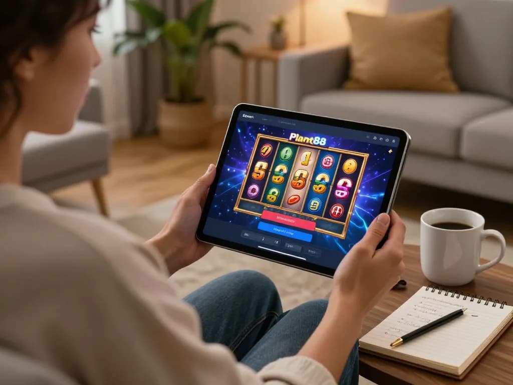 Player using Planet88 login on a tablet for engaging slot gameplay in a cozy home setting.