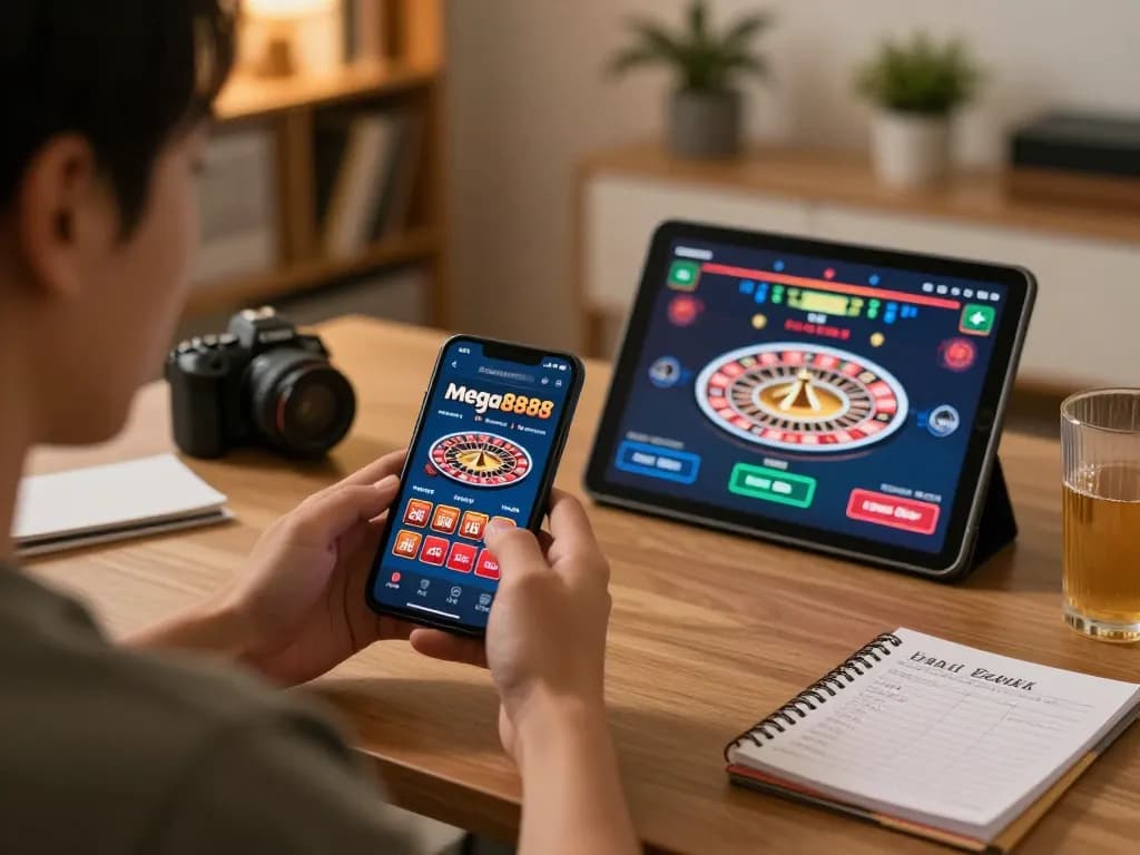 Mega888 mobile gameplay on smartphone, showcasing a user’s engagement in responsible gaming.