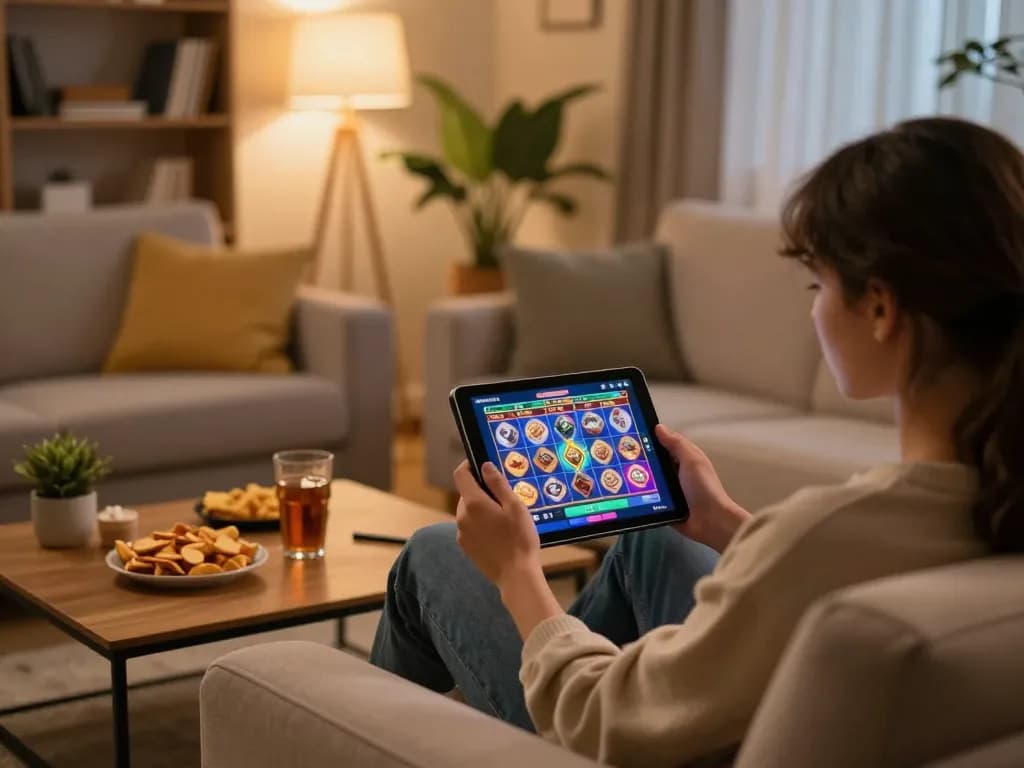 Engaging in slot online gameplay on a tablet while relaxing at home with snacks.