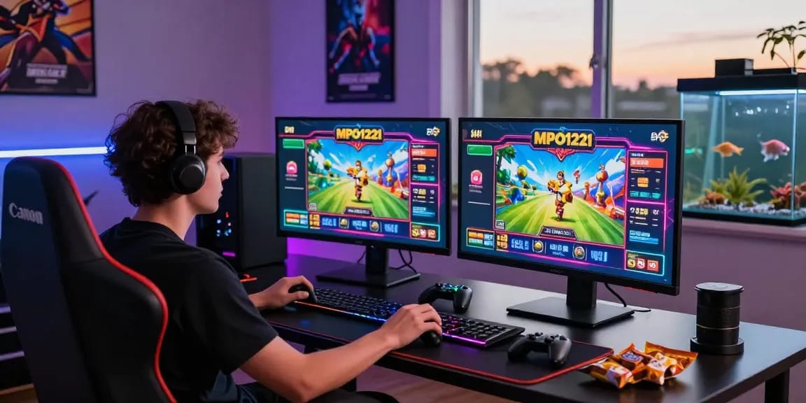 Pemandangan gaming online MPO1221 menampilkan seorang pemain yang terlibat dengan permainan slot yang berwarna-warni di dua monitor dalam pengaturan gaming yang stylish.