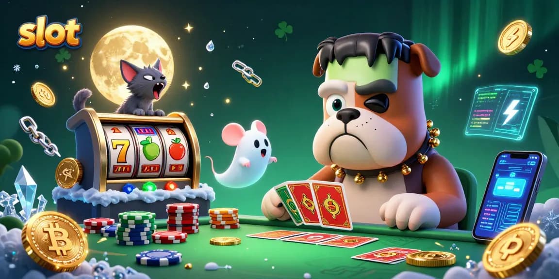 Slot dengan karakter kasino unik, monster bulldog dan simbol jackpot berkilau dalam pengaturan yang menarik.