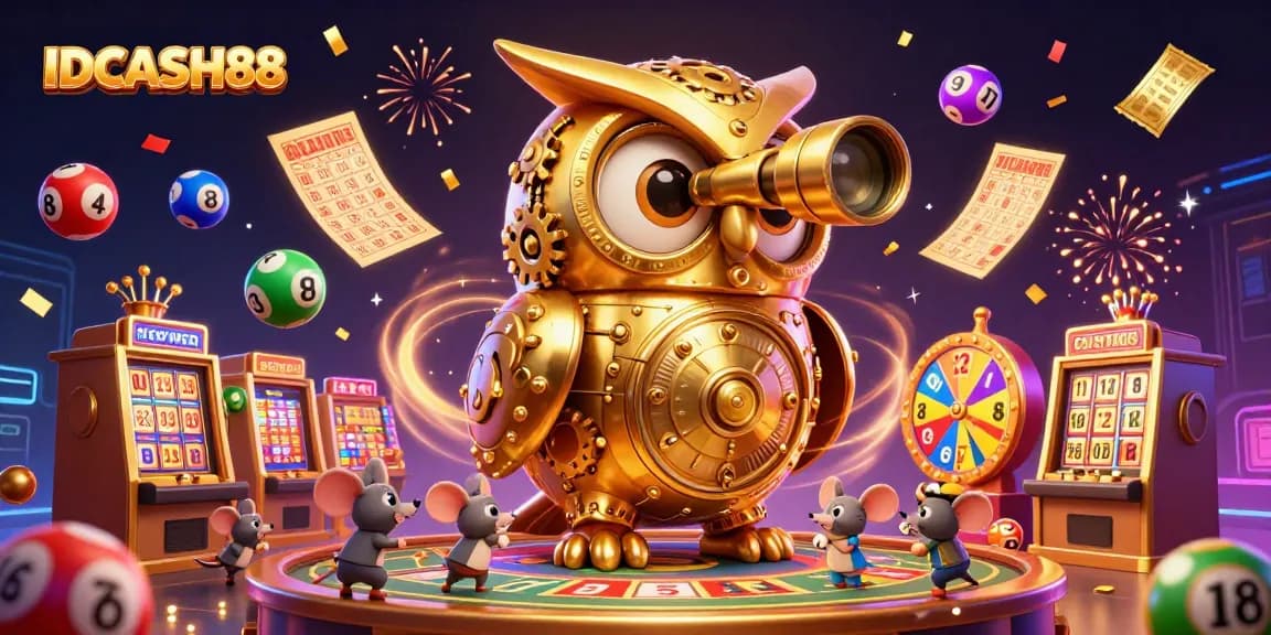 Experience IDCASH88's vibrant gaming world with an interactive owl and lively casino theme.