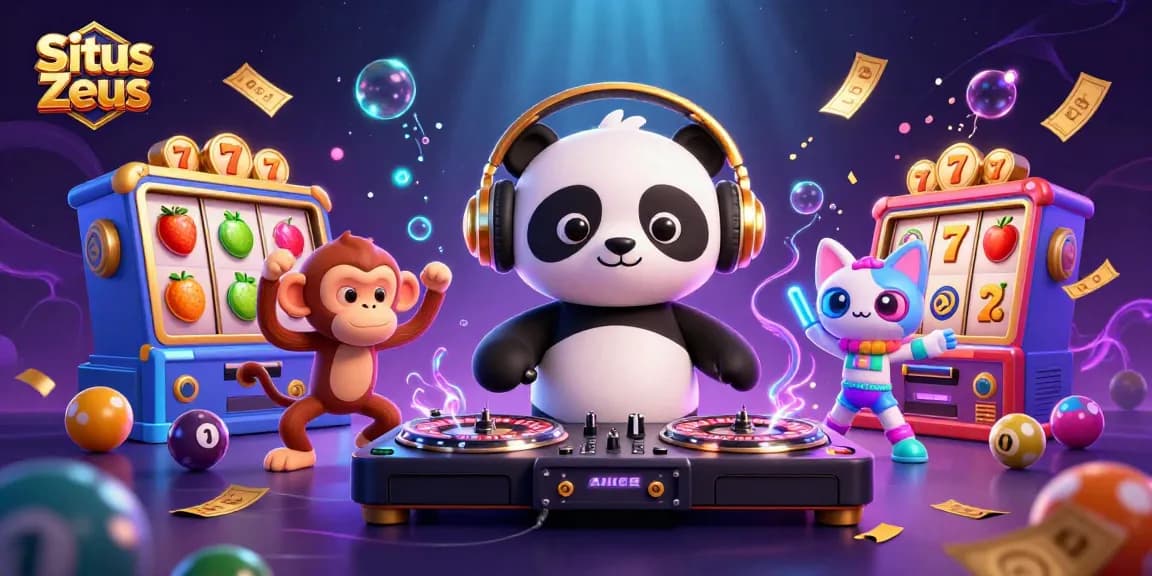 Engage with Situs Zeus slot games while enjoying a vibrant party atmosphere with DJ panda and friends.