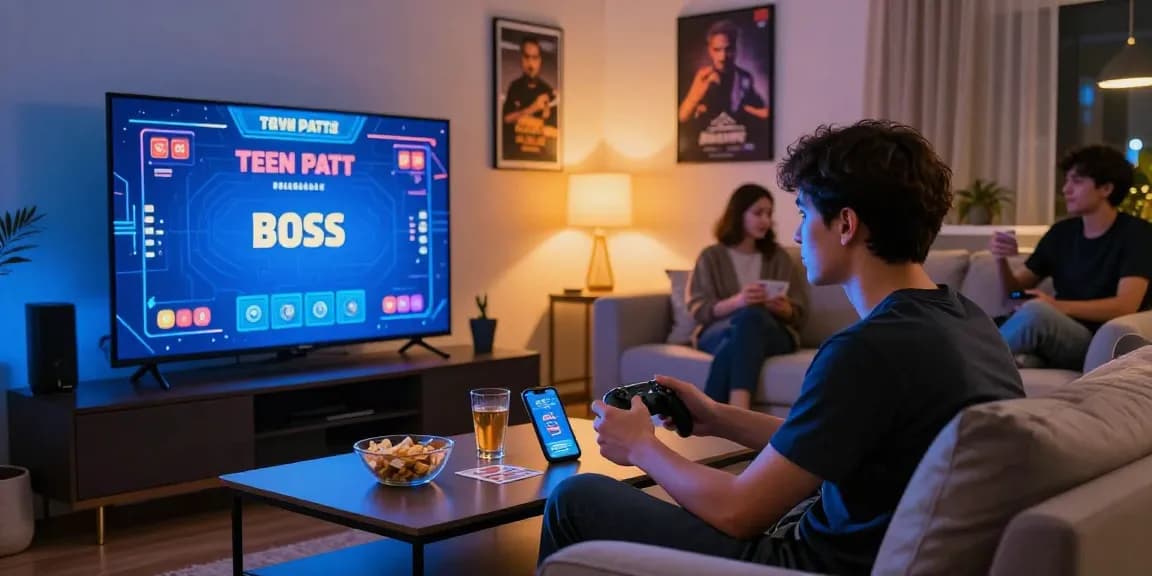 Check it out in an immersive gaming scene, where friends enjoy Teen Patti Boss on TV, snacks and drinks abound.