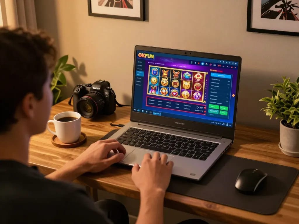 Player enjoying online casino games at home with OKFUN's vibrant interface on their laptop