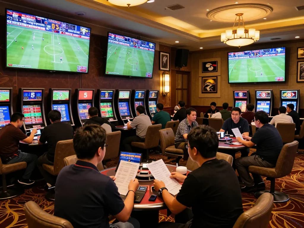 Tỷ lệ kèo nhà cái 5 showcased in a lively sports betting area bustling with excited bettors and large screens