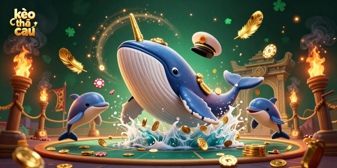 Engage with the kèo nhà cái scene featuring a whimsical whale and playful dolphins amid a treasure of coins.