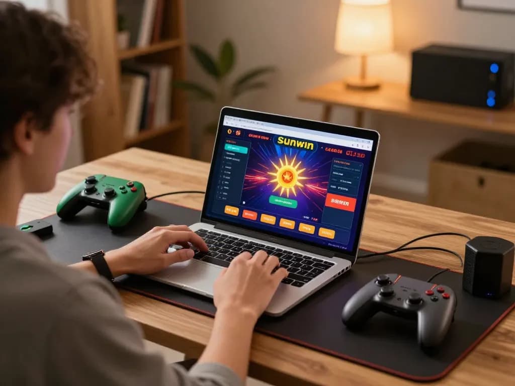 Engaged player accessing sunwin online casino on a laptop, highlighting a cozy home gaming setup.