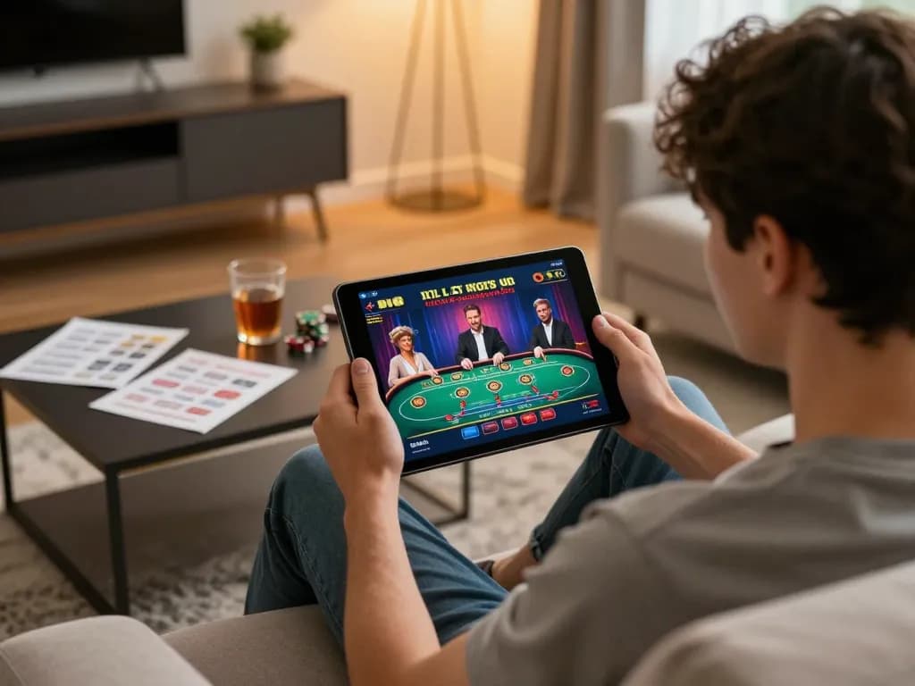 Experience intense action using go99com within a lively home gaming environment, featuring a tablet and strategy notes.