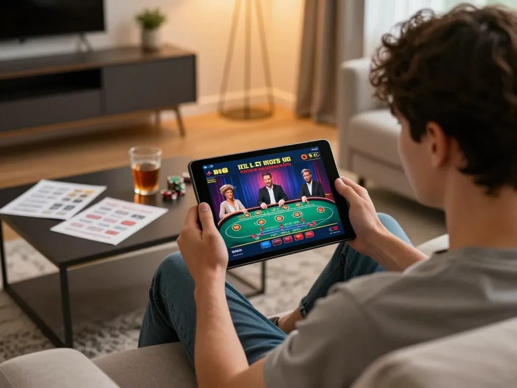 Experience intense action using go99com within a lively home gaming environment, featuring a tablet and strategy notes.