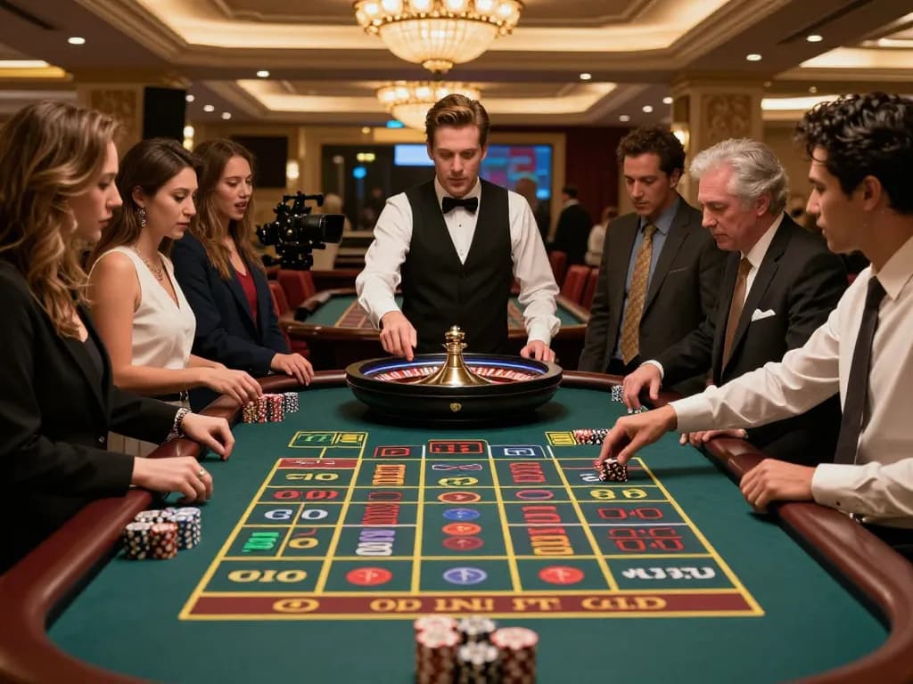 Nohu90 players engaged in an exciting roulette game, showcasing vibrant casino atmosphere and intense focus.