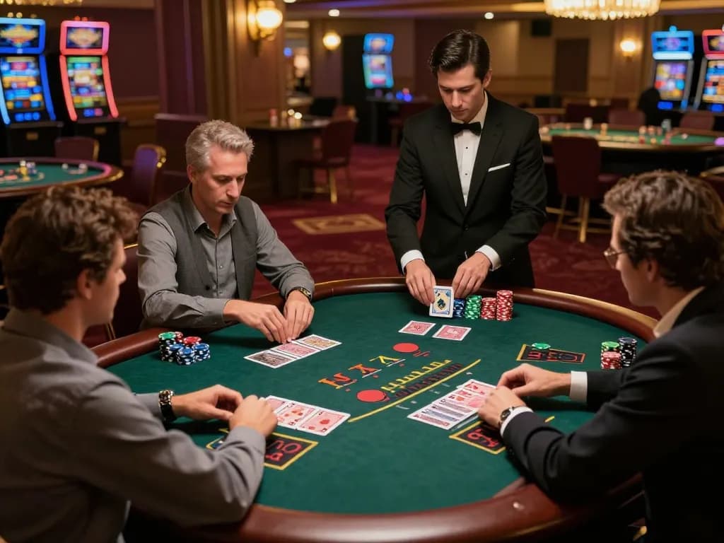 Players strategizing at the blackjack table in an upscale casino, emphasizing the competitive spirit of tx88 gaming.
