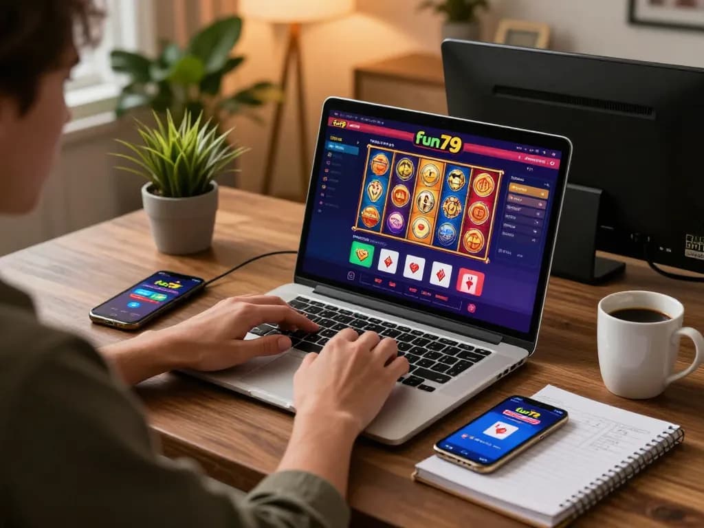Player engaging with nhà cái fun79 on a laptop surrounded by strategy notes and gaming tools.