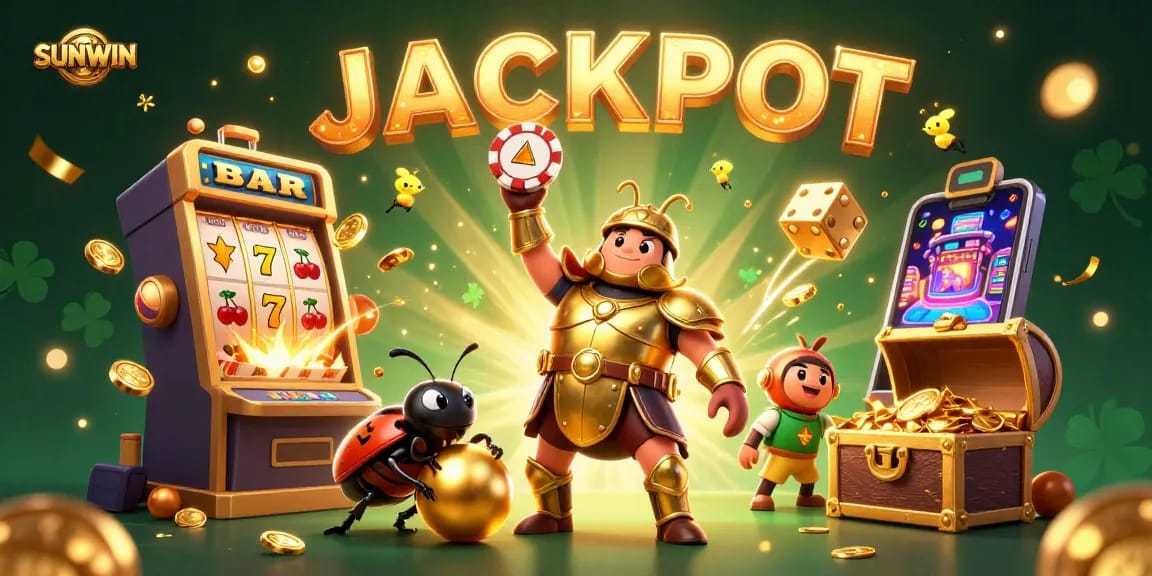 SUNWIN showcases a jackpot celebration with cartoon characters, dynamic slot elements, and vibrant confetti effects.