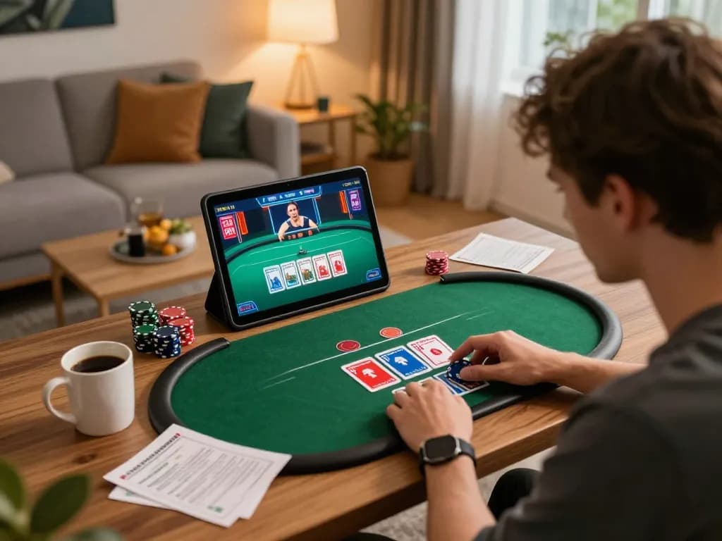 Fun88 online poker gameplay on a tablet in a cozy living room setting with warm lighting
