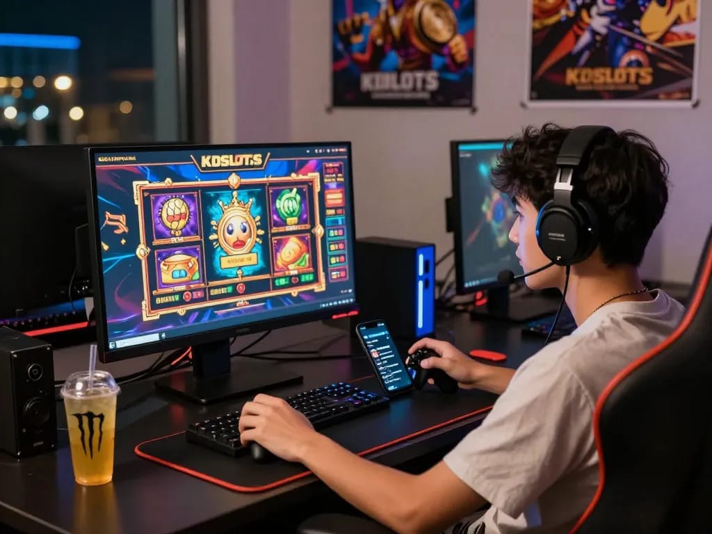 A user engaging with the KDSLOTS platform, highlighting online slot gaming excitement and vibrant interface.