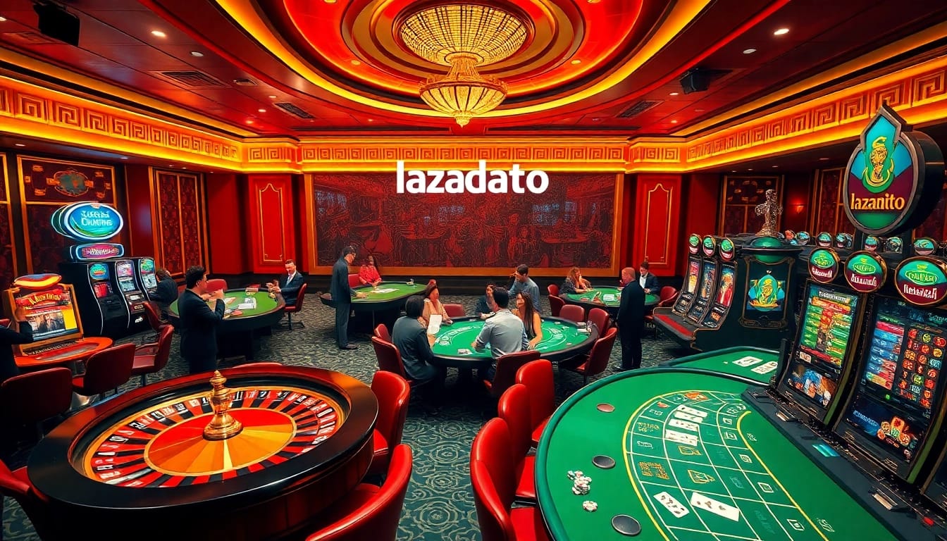 Lazadatoto showcases vibrant casino gaming with roulette wheels and poker chips.