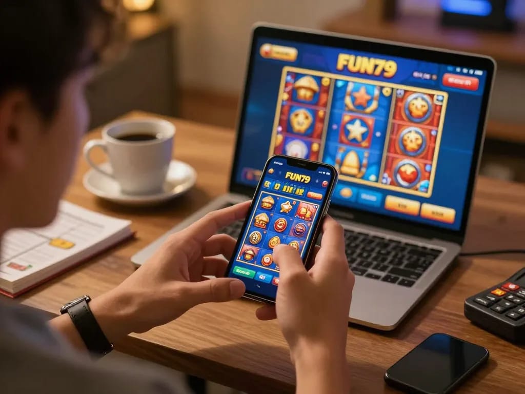 Player exploring FUN79 mobile app for slots in a cozy home setting, showcasing responsible gaming.