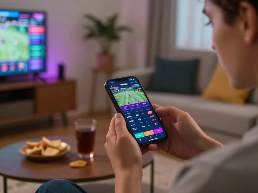Engaging in live betting with debet on a smartphone, creating a dynamic sports wagering atmosphere.