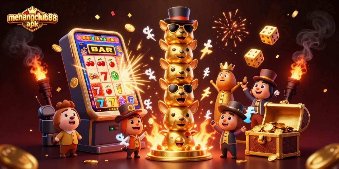 Spin to win with menangclub88 apk in this exciting casino adventure featuring vibrant slot machines and lively elements.