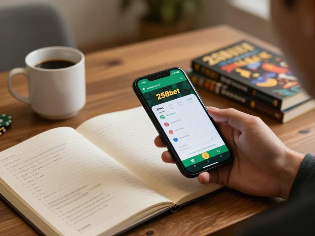 Engaging with the 258bet app on a smartphone in a cozy home office for responsible gaming.