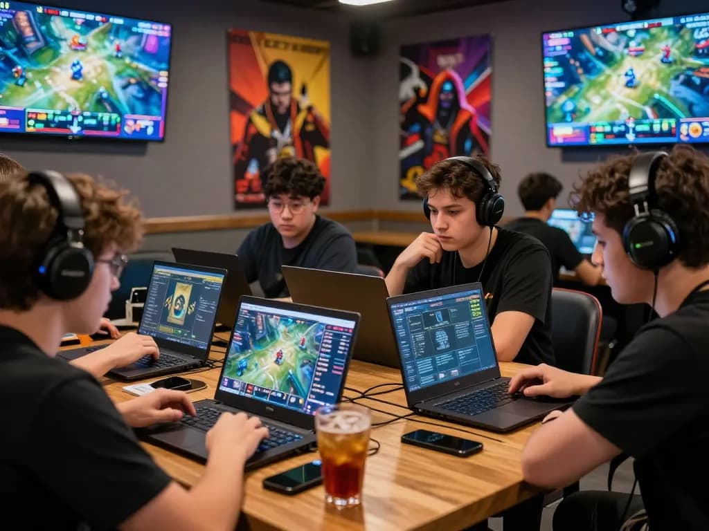 Dota 2 betting scene with gamers analyzing live matches and placing bets