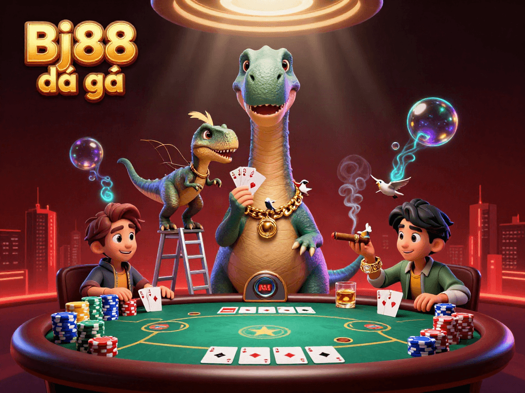 Bj88 đá gà showcases a lively poker scene with dynamic cartoon characters dealing cards in a vibrant 3D casino