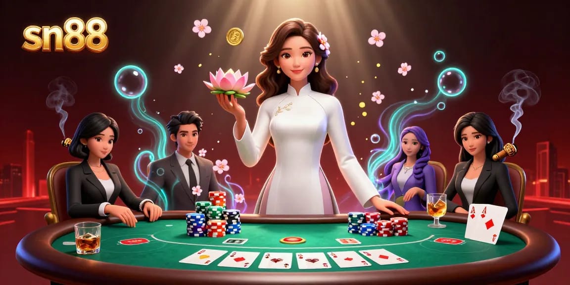 Experience top-tier gaming at sn88 with an elegant woman amidst poker tables and vibrant casino elements.