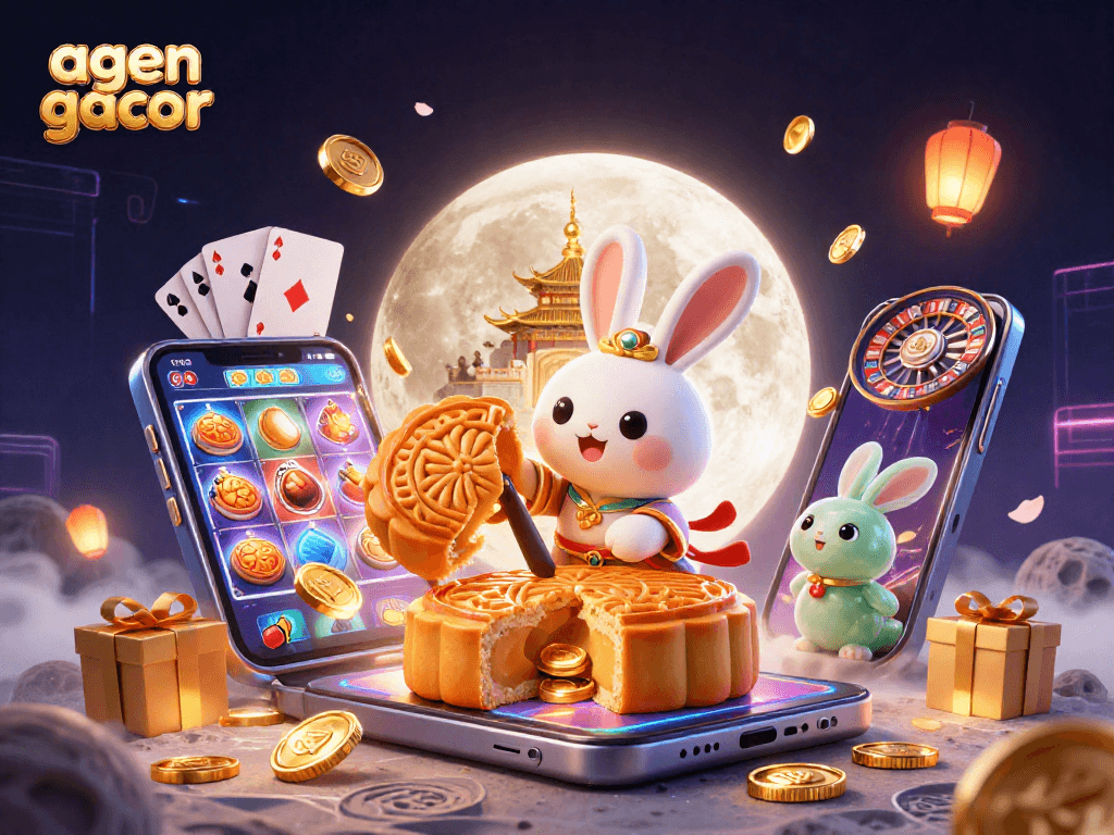 Engage with agen gacor as a moon rabbit reveals poker chips and slots in an enchanting lunar scene.