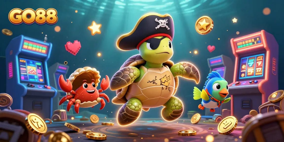 Experience GO88 excitement with colorful characters surrounding slot reels and treasures in a captivating scene.