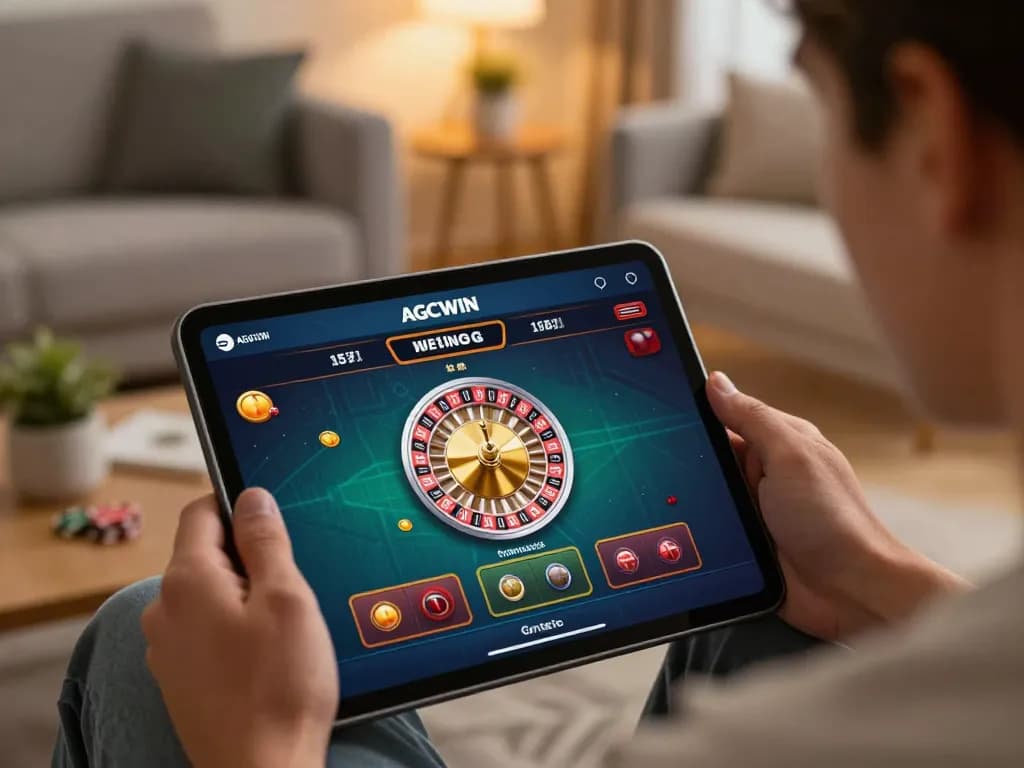 Memainkan roulette online AGCWIN dengan tablet di suasana ruang tamu yang nyaman, menggambarkan kegembiraan perjudian digital