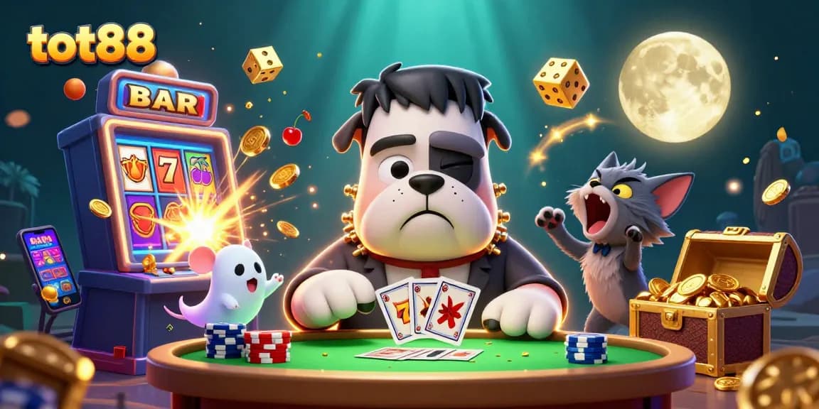Engage with tot88's thrilling gaming world featuring cartoon characters and slot machines.