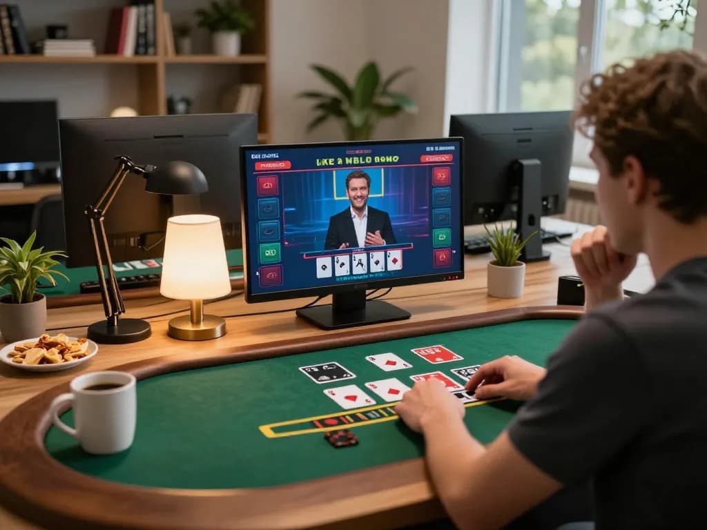 Player engaging in live dealer blackjack on 789f, with cards on screen and cozy gaming setup.