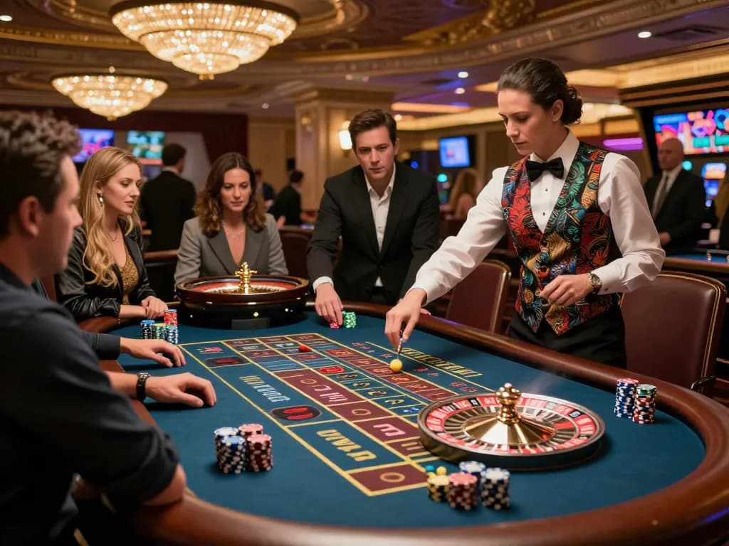 Bertaruh di meja roulette kiu77 di kasino yang meriah, chip disusun, pemain dengan antusias menunggu hasil.