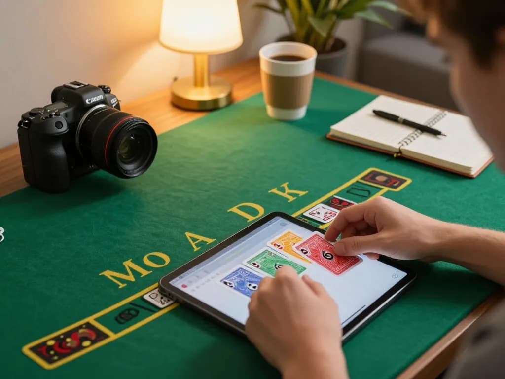 Player engaging in MMOO live dealer blackjack game, demonstrating strategic gameplay at home.